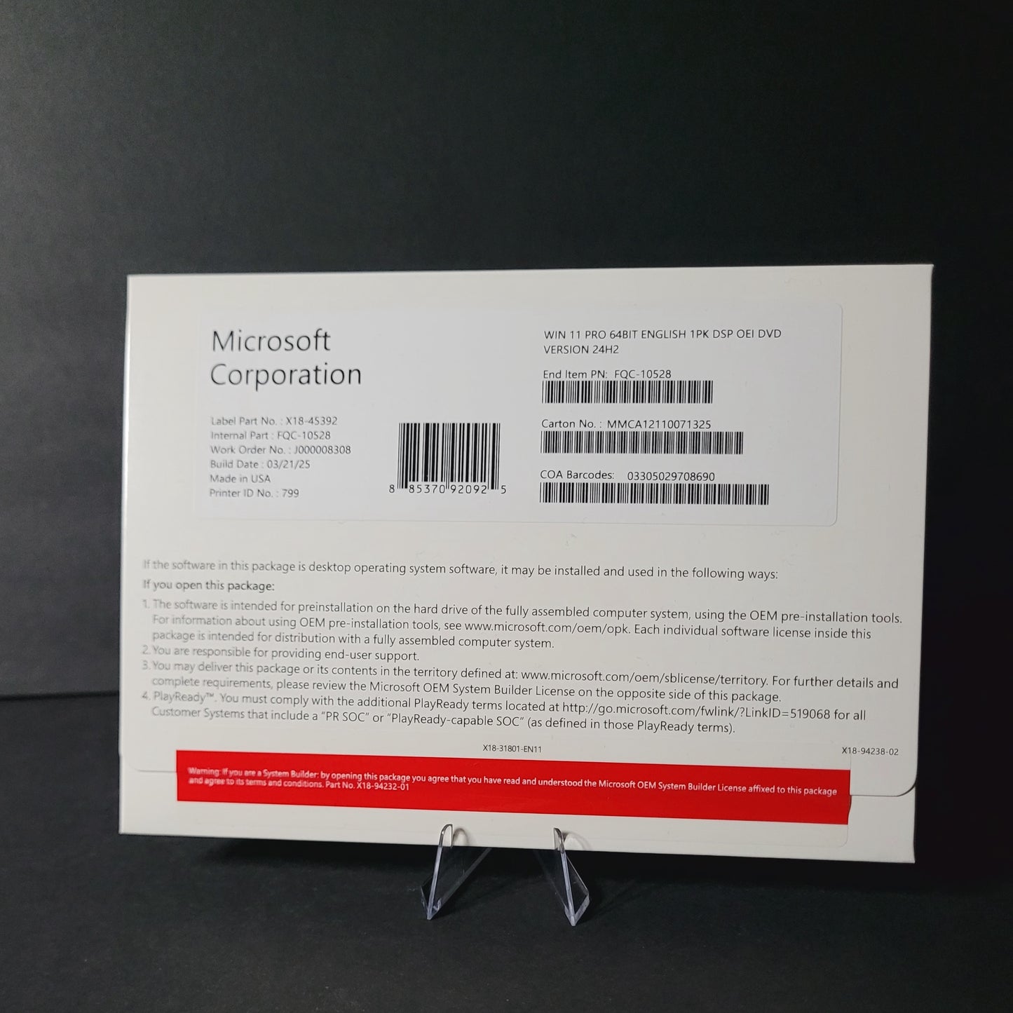 Windows 11 Pro 64 Bit 
DVD and Product Key